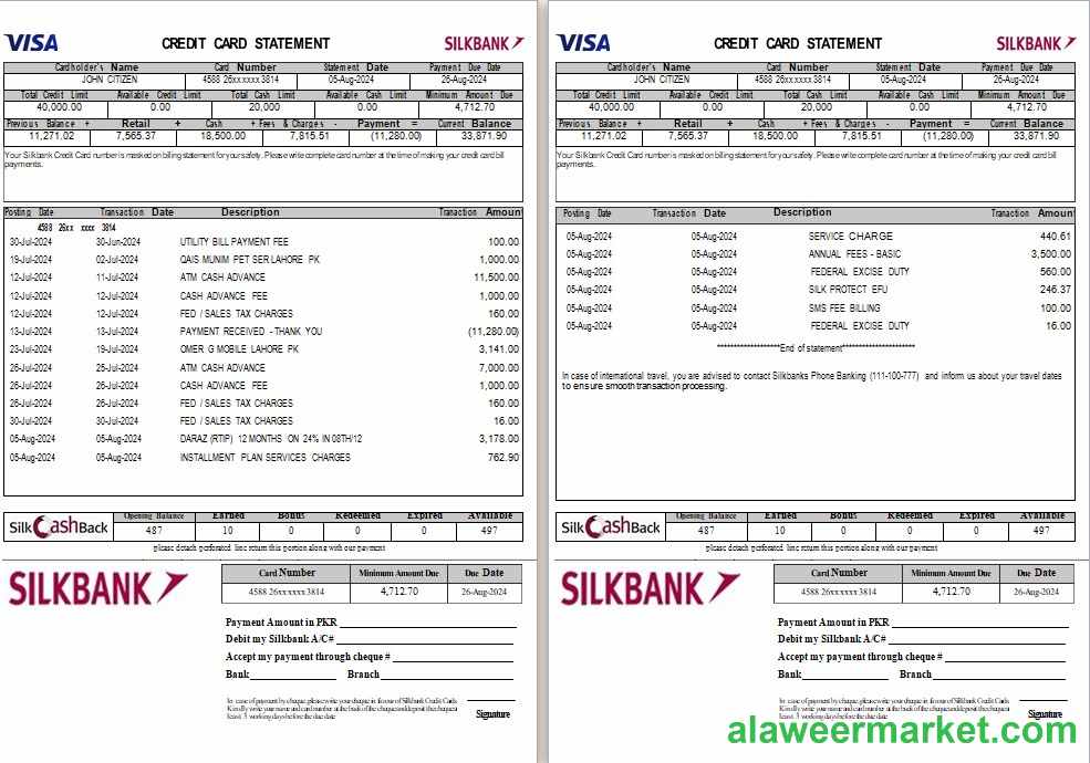 Pakistan Silkbank statement Word and PDF template, 2 pages